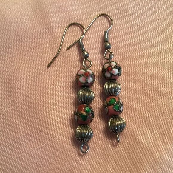 Jewelry - Silvertone and Cloisonne Earrings